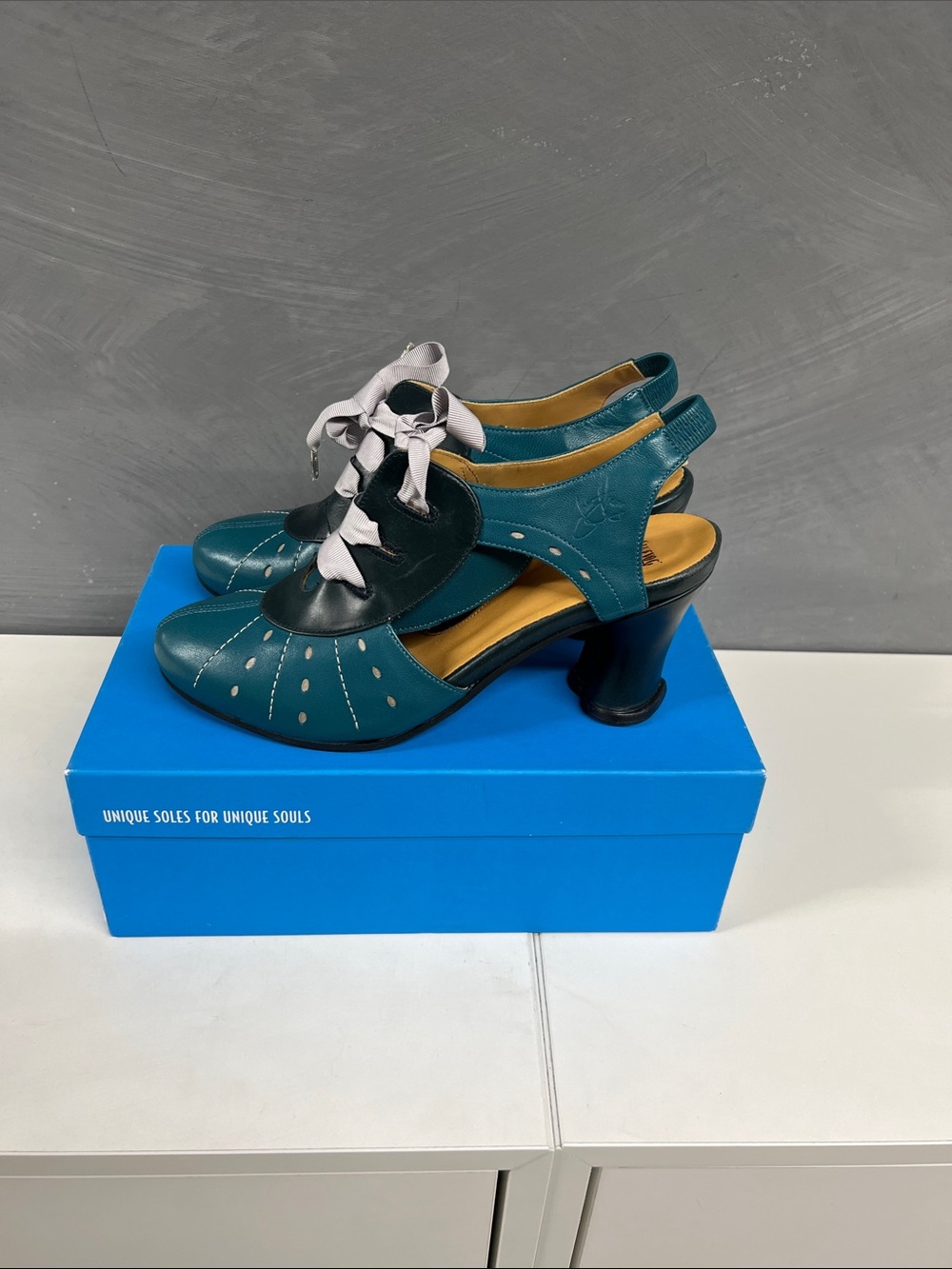 John Fluevog Teal and Black Slingback Heels with Ribbon Tie
